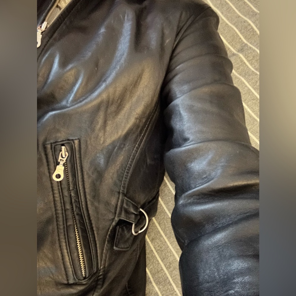 Laura Leigh Vintage Leather Biker Jacket Size Large Black Zip Front and Pockets